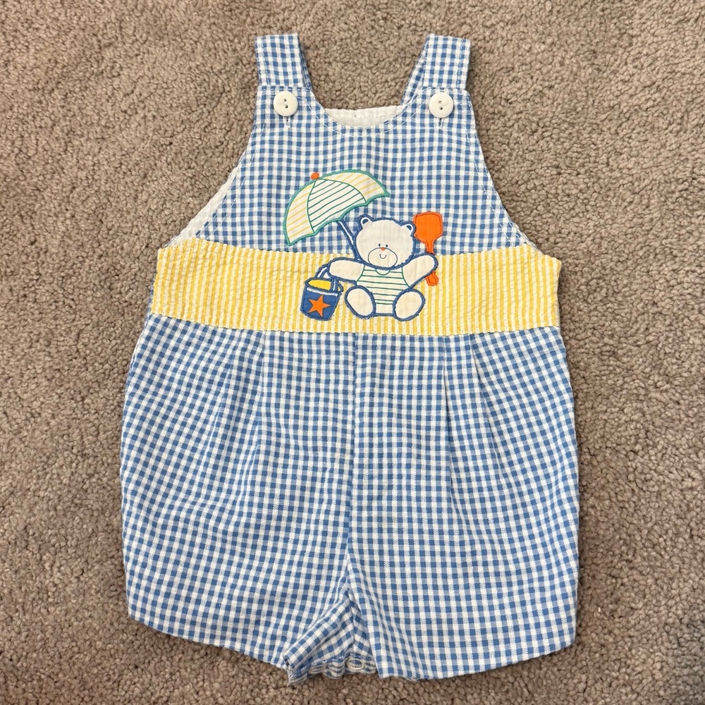 Blue Gingham Seersucker Baby Overalls Jon Jon Bubble Romper Vintage 3-6 months